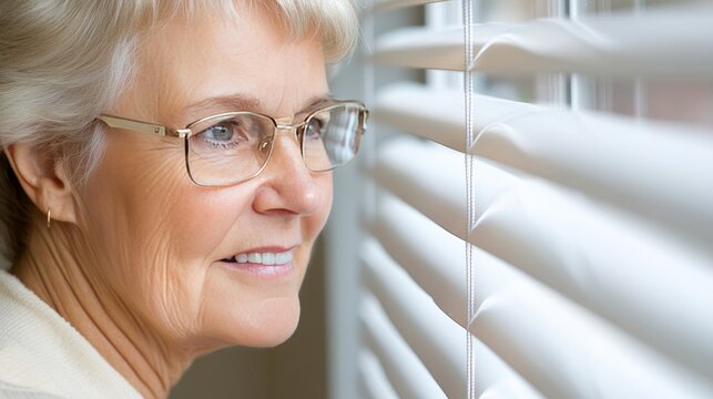 A woman at home looking through the persiennes with curiosity, sunlight casting soft patterns on her face. Concept of privacy, observation, and peaceful domestic life