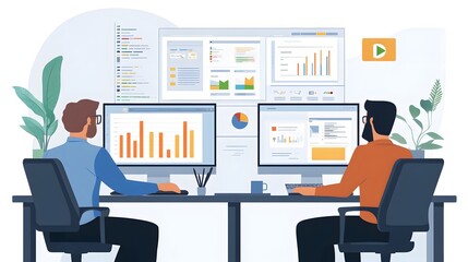 66. A team of marketers analyzing video metrics and engagement data on computer screens in an office