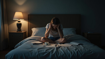 Obraz premium A young woman sits on her bed at night, surrounded by papers and a cup of tea, with a lamp casting a warm glow. She appears deep in thought, creating a serene yet reflective atmosphere.