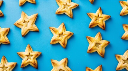 Obraz premium A blue background with a bunch of stars on it. The stars are all different sizes and are arranged in a pattern