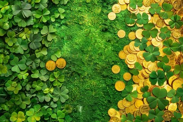 Naklejka premium A green field with gold coins and clovers. The clovers are scattered throughout the field, with some in the foreground and others in the background