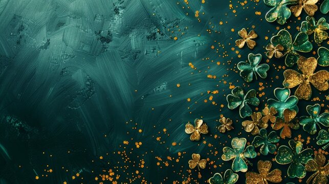 A green background with gold flowers and gold glitter. The flowers are clovers and they are scattered all over the background
