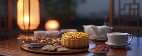 Obraz premium Mooncake tea ceremony, Asian home, autumn evening. Festive food