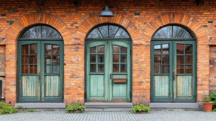 Street Aesthetics Vintage Green Doors Urban Architecture Realistic Photography Rustic Environment Front View Nostalgia