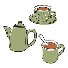 Illustration of a green tea set with a teapot, polka dotted teacup on a saucer, and a mug with a spoon isolated on white background. Vector hand drawn doodle illustration