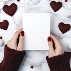 Valentine's Day-themed mockup, a white blank vertical A5 greeting card in the hands of a woman on a flat lay background with hearts.