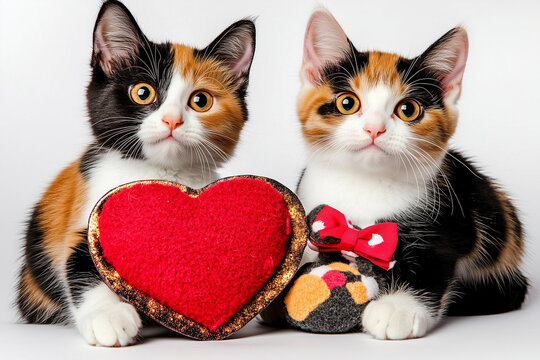 Two calico cats with a heart shaped box. Valentine's day