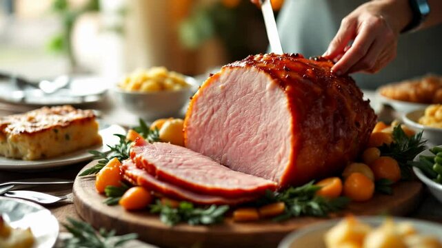 Slicing Glazed Easter Ham at Festive Dinner Table: A Family Celebration