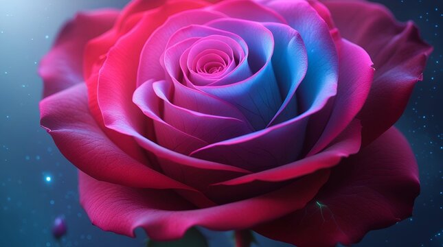 a rose with petals transforming from a traditional red rose to futuristic neon colors as they spiral upwards