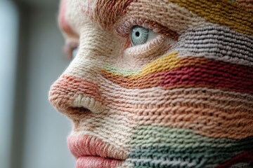 A close-up of a person's face adorned with colorful yarn patterns, showcasing intricate textures and vibrant hues that create a striking visual impact. art of thread
