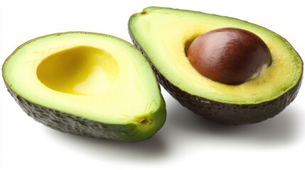 A fresh avocado cut in half revealing its smooth, creamy interior and large pit, Each avocado&rsquo;s vibrant color and subtle imperfections captured with precision