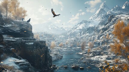 a stunning mountain landscape captured in this digital art piece, with elements of frostpunk and wildlife photography