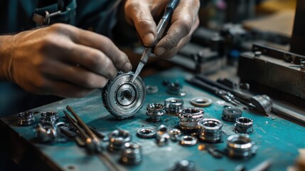 Obraz premium A worker in a workshop carefully assembling ball bearings into machinery, with a focus on the small, detailed parts and the tools used to secure them.
