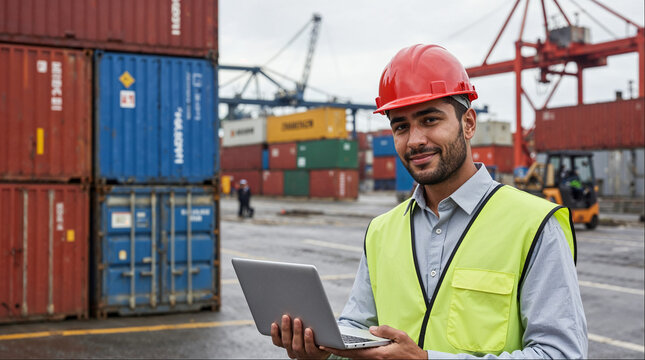 A mexican worker wearing a safety helmet and holding a laptop. A large shipping containers.