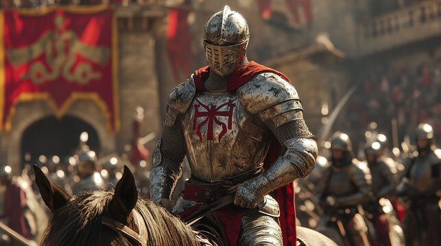 Medieval jousting tournament, knights in armor on horseback, intense action, highly detailed 