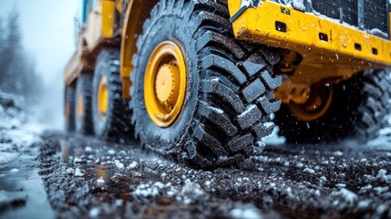 Heavy vehicle tire, winter road, snow, construction