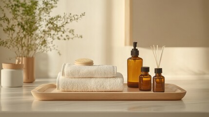 Minimalist spa arrangement with a diffuser, amber bottles, and soft towels on a wooden tray, set against a serene background.