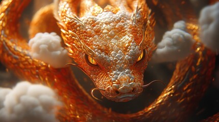 Obraz premium Majestic Golden Dragon Surrounded by Mystical Clouds and Fire