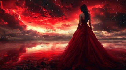 Enigmatic Woman in Red Dress Against Fiery Sunset Landscape