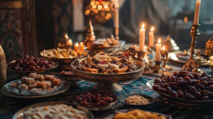 Naklejka premium A close-up of a beautifully decorated Eid table, with dishes like dates, sweets, and traditional foods, surrounded by candles and intricate tableware, reflecting the spirit of the celebration.