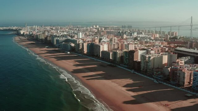 Cadiz aerial shot beach and Bay of Cadiz Puerto Real or Pepa bridge Spain