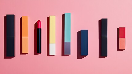 Obraz premium Modern flat lay of assorted makeup products and colorful swatches on a sleek pink background for an elegant beauty theme.