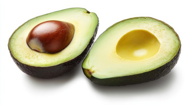 A fresh avocado cut in half revealing its smooth, creamy interior and large pit, Each avocado’s vibrant color and subtle imperfections captured with precision