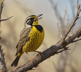 Close-up of western meadowlark singing on dry branch, outdoors, nature