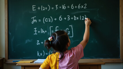 A young girl enthusiastically solving math equations on a blackboard in a classroom.