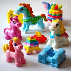 Obraz premium Colorful plastic toy horses and blocks on white