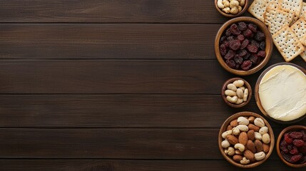 Fototapeta premium Assorted nuts and dried fruits on a wooden table