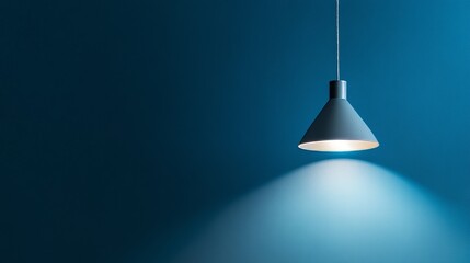 3D Black and white ceiling hanging lamp, lampshade for the interior. Modern lamps with a bright beam of light on a blue background. For use in realistic concepts.