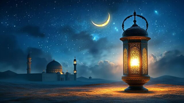 Ramadan Kareem banner with a crescent moon and lantern, with a mosque in the backdrop.