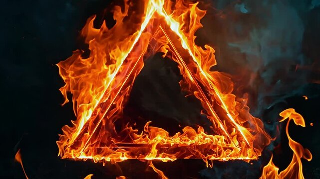 Bright flames forming a striking triangle shape against black background with smoke