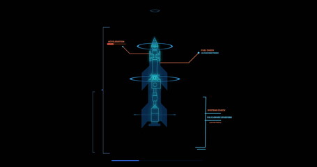 Image of data processing and rocket blueprint on black background
