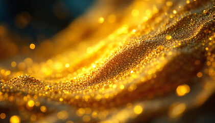 Close up shot of golden glittering sand with a shallow depth of field and bokeh effect. The sand sparkles and reflects the light, creating a warm and luxurious feel.