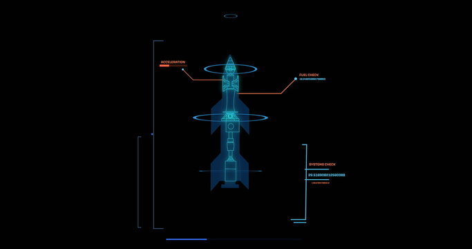Image of data processing and rocket blueprint on black background - Powered by Adobe