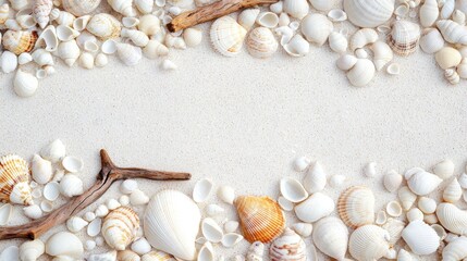Obraz premium Coastal shells and driftwood arranged on sandy beach
