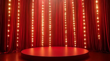 Red curtain stage illuminated by numerous bright lights creating an inviting atmosphere for performances and gatherings