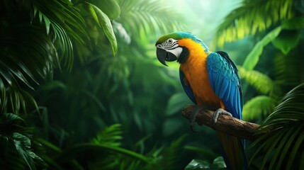 Obraz premium Vibrant macaw perched in lush tropical foliage