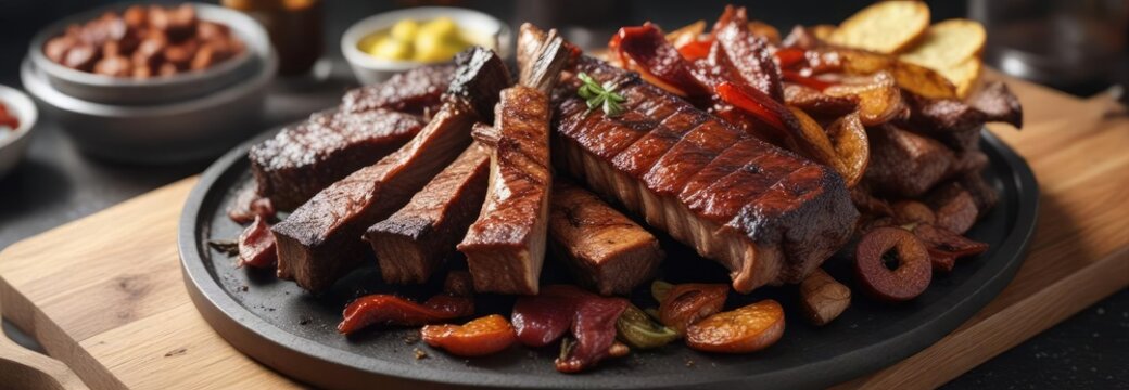 Charcoal-grilled ribs with spicy chorizo and crispy chinchulines, skewers, roasted, Argentine
