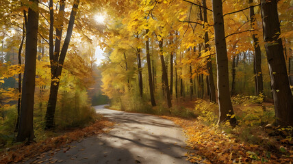 Obraz premium Autumn forest scenery with road of fall leaves & warm light illumining the gold foliage.
