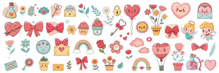 Fototapeta premium A large collection of 54 love-themed stickers featuring cute and happy Valentine's Day elements such as hearts, flowers, Cupid, rainbows, love letters, love potions, and more. Vector graphics