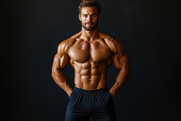 Naklejka premium A muscular man posing confidently against a dark background.