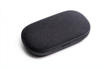 A sleek, oval-shaped black speaker covered in textured fabric, designed for portable audio enjoyment and modern aesthetics.