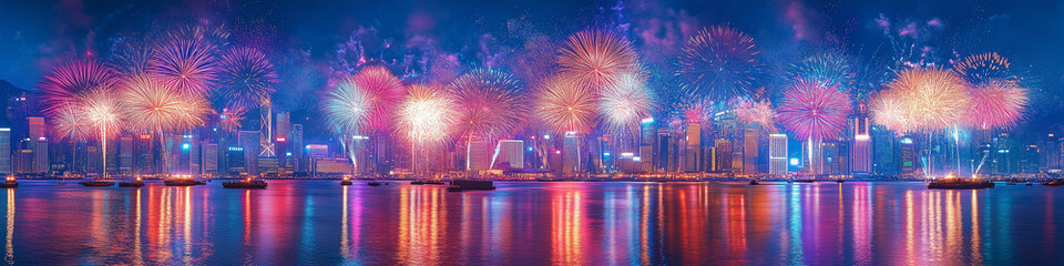 A fireworks display against the night sky, Vibrant new years banner with  fireworks and cheering crowd, Colorful fireworks exploding in the night sky during a festive celebration, Colorful fireworks.