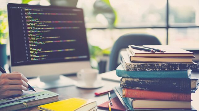 web developer setting up a new project in a code editor, sitting at a desk with coding books, pens, and an ergonomic chair. [Web developer]:[Digital Nomad] 