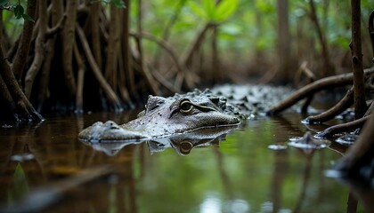 Spectacled Caiman in Mangrove Swamp Water