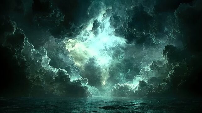 Dramatic ocean storm; dark clouds, eerie light.