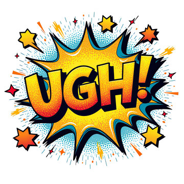 Vibrant and dynamic comic art style showcasing the word ugh with bold colors and energetic design elements, png, ai generated